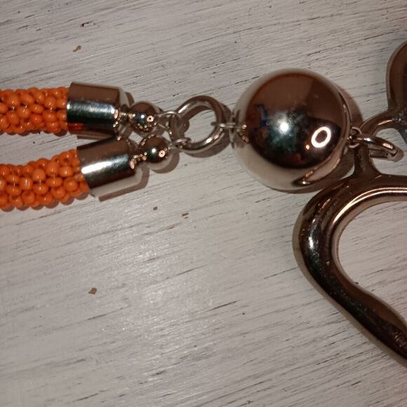 Suzie Blue Long Orange Beaded Necklace With Large Metal Heart (2.5"x3") - Picture 5 of 11